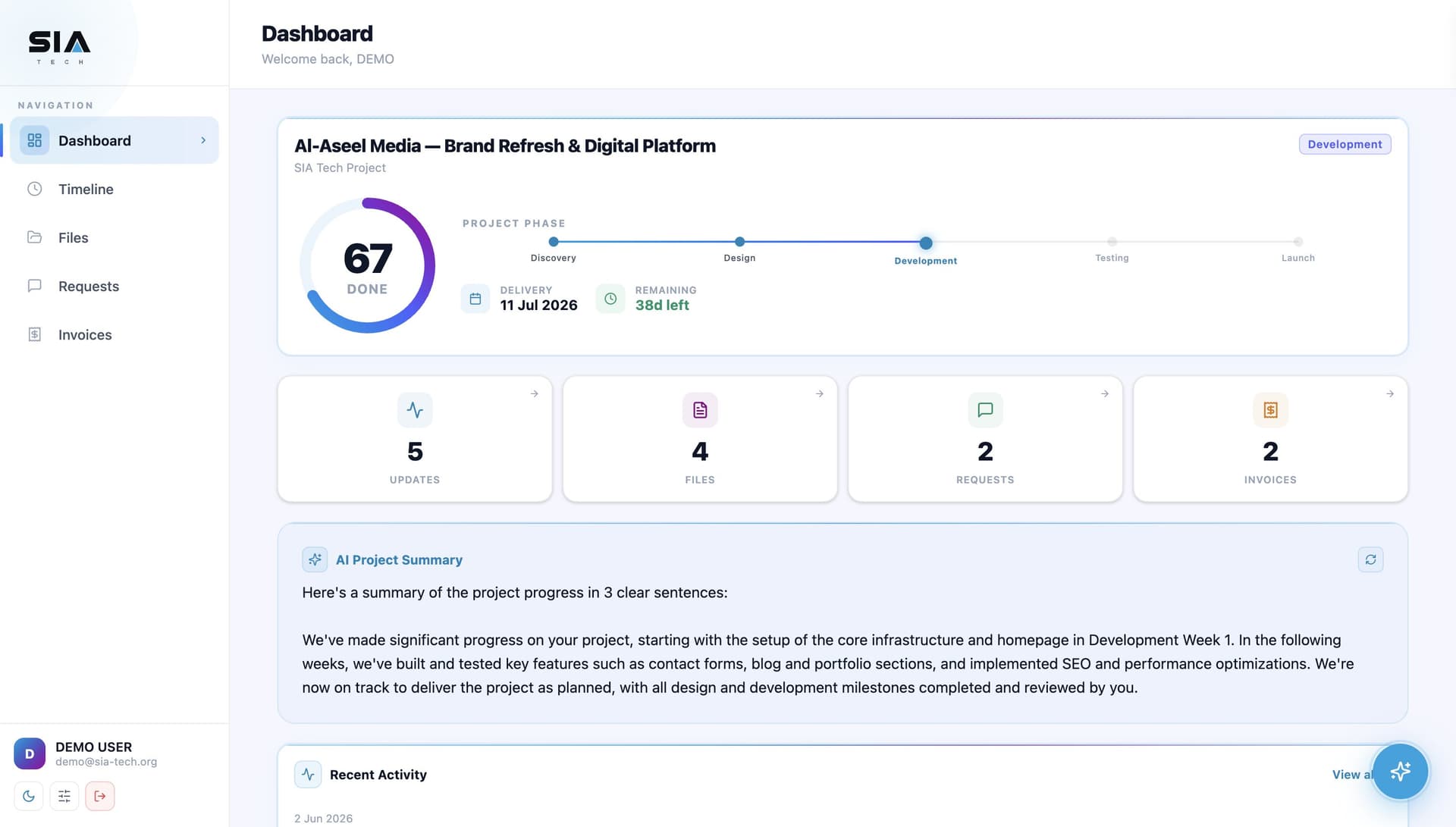 SIA Client Portal — live project dashboard