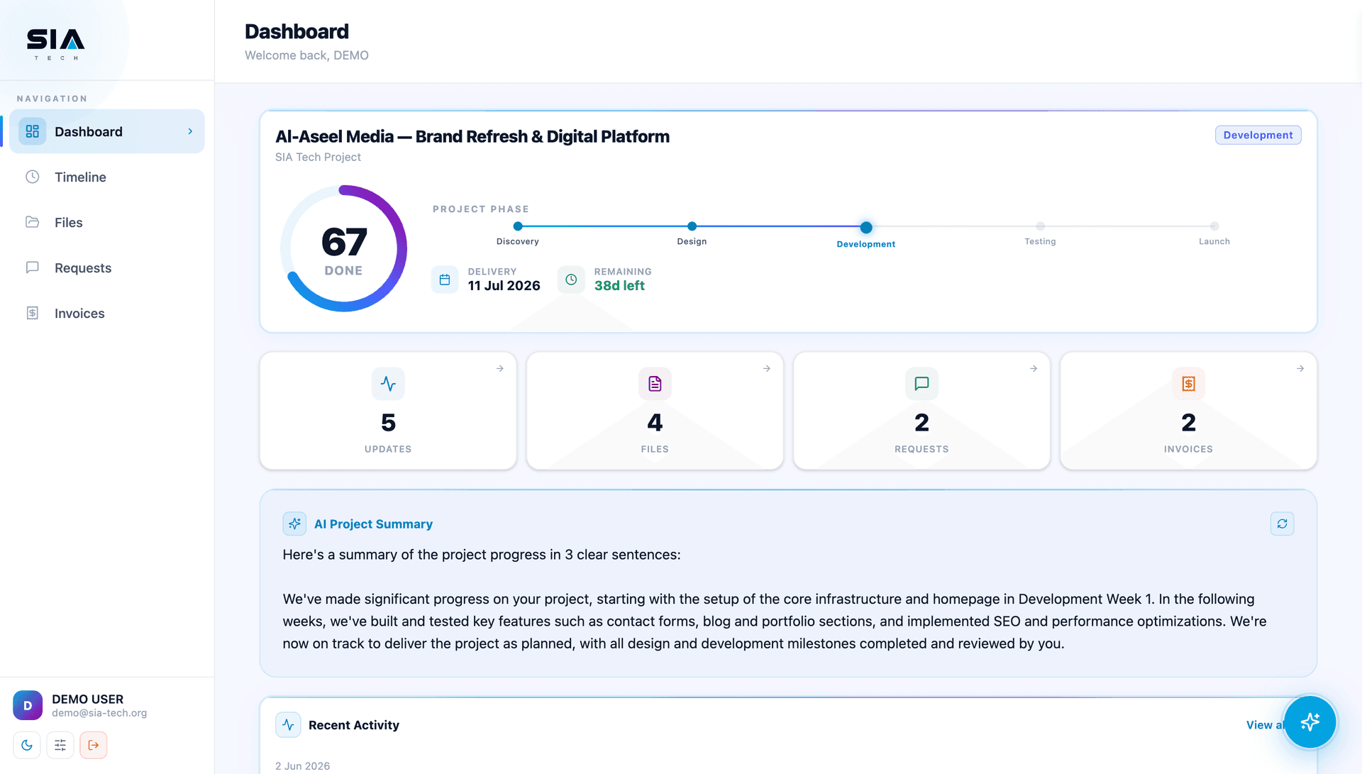SIA Client Portal — live project dashboard with AI summaries, timeline, and invoices
